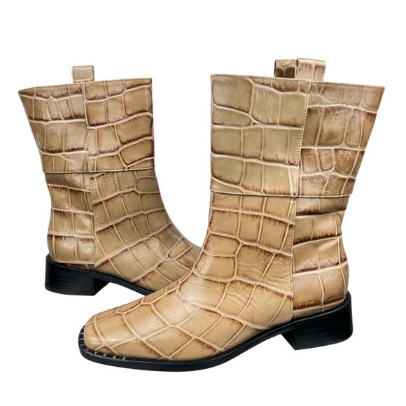 NWB Freda Salvador Soren Pull On Mid Shaft Boots in Khaki Embossed Croc (Sz 6.5) - Picture 1 of 13
